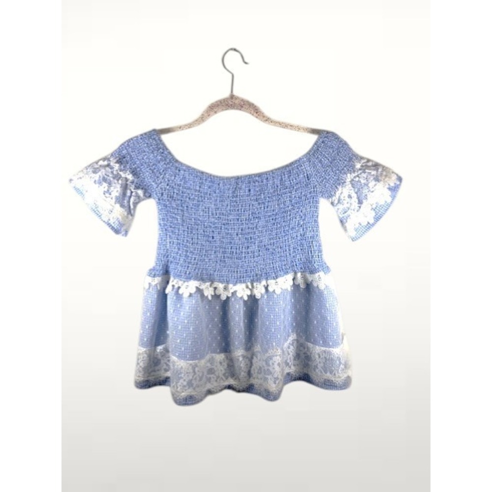 POL Blue Gingham Smocked Lace Crop Top S Cottagecore Coquette Boho‎ Peasant Y2K